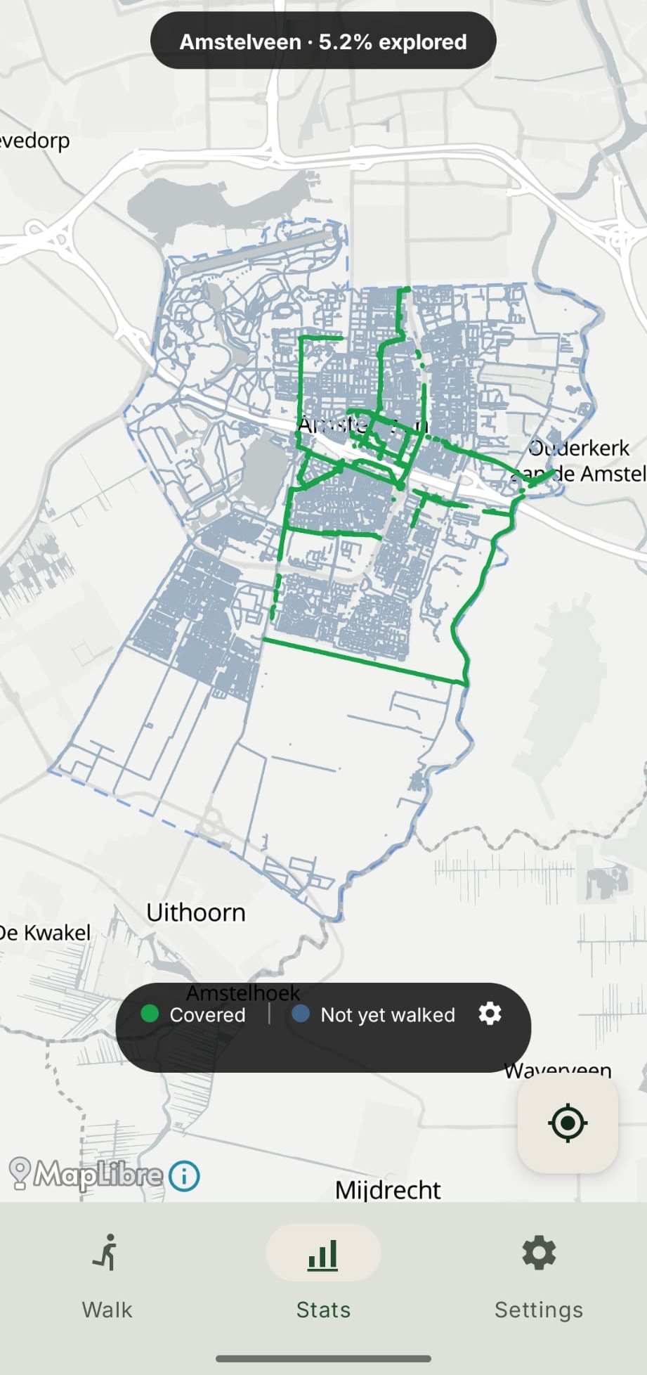 CityWalker on Android: Amstelveen street coverage map, 5.2% explored
