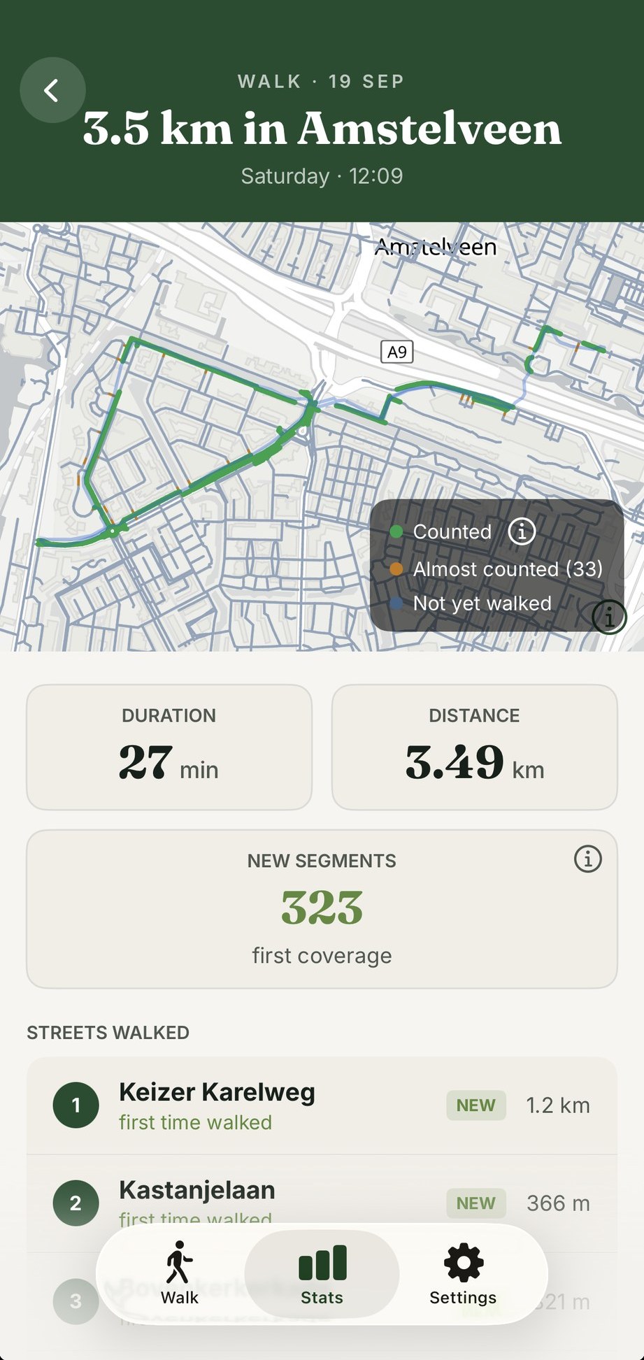 CityWalker on iPhone: summary of a 3.5 km walk in Amstelveen with 323 new street segments