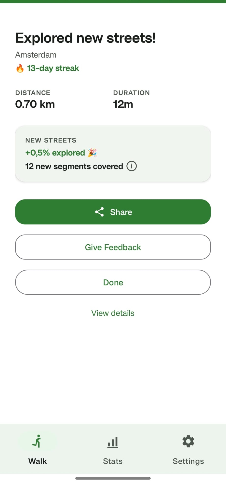 Walk summary screen after completing a walk